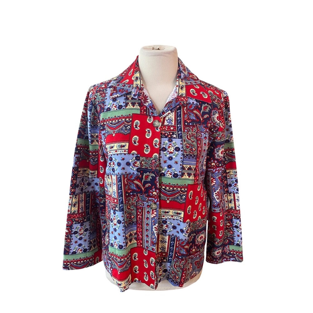 Y2k The Tog Shop Petites Womens Red Blue Patchwork Paisley Cotton Jacket Size PS